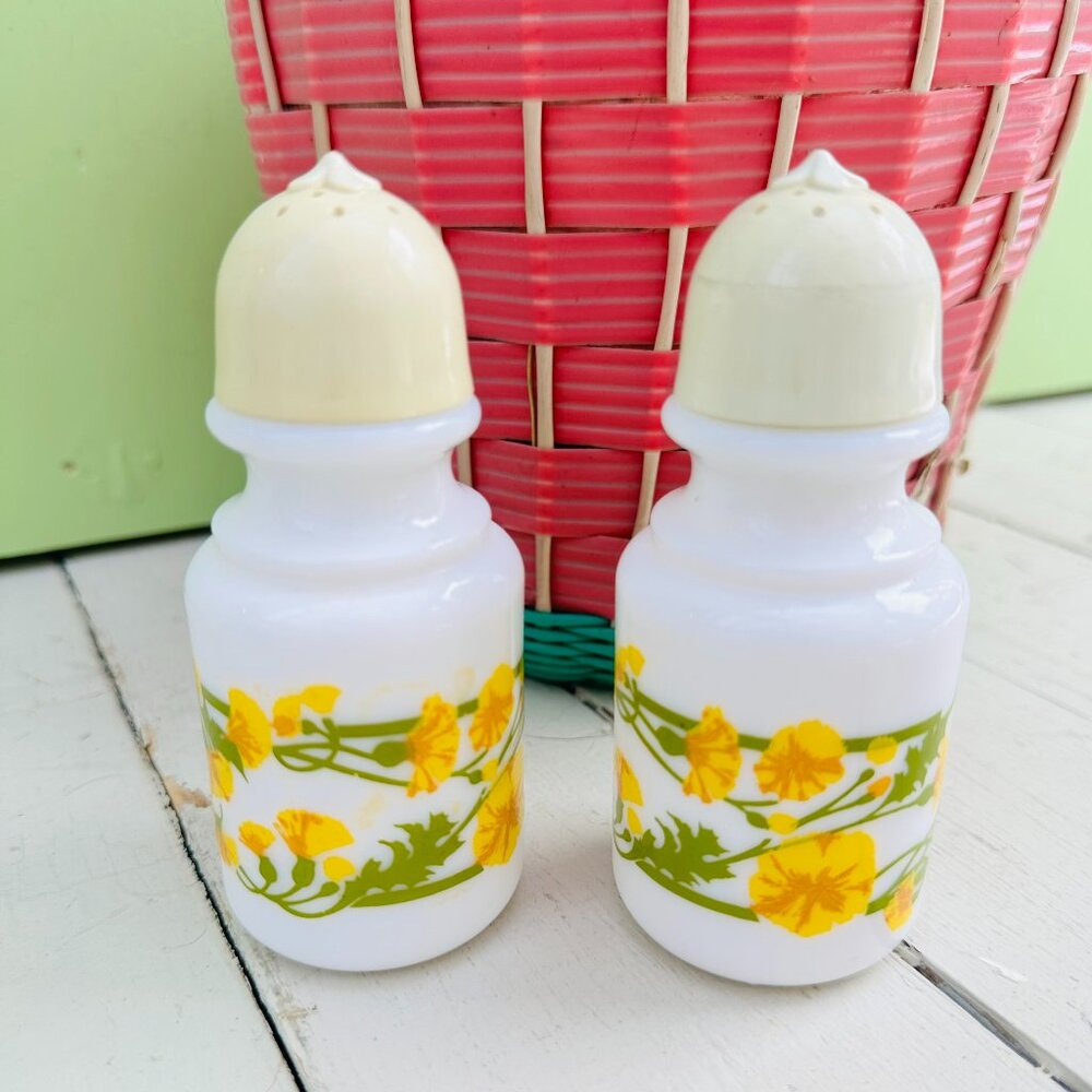 Vintage Avon Milk Glass Salt Pepper Shakers Yellow Floral Kitchen Decor
